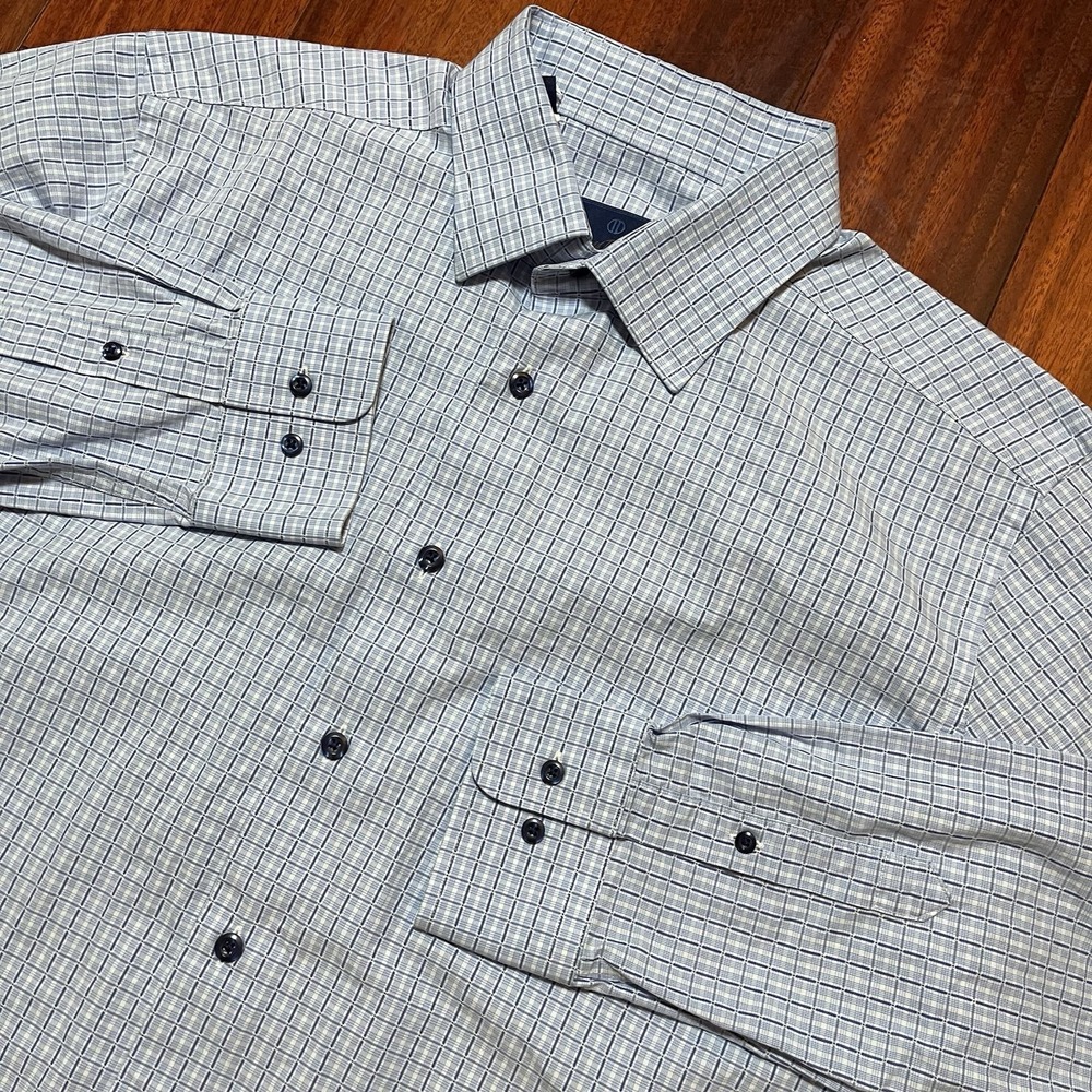 David Donahue Dress Shirt Mens 17.5 34/35 Blue Plaid Trim Fit Button Up Long Slv